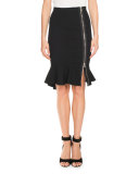 Ruffle-Hem Zip-Front Skirt, Black