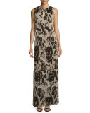 Floral Pleated Sleeveless Maxi Dress, Alabaster/Multi