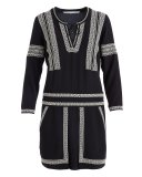 Ignacio 3/4-Sleeve Embroidered Silk Dress, Black