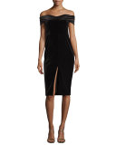 Velvet Off-the-Shoulder Sheath Dress, Black