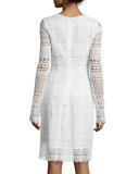 Long-Sleeve Banded-Lace Sheath Dress, White