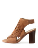Elaine Fringe Chunky-Heel Sandal, Saddle