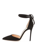 Suede Pointed-Toe Ankle-Wrap Pump, Black