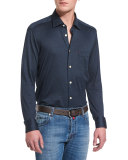 Long-Sleeve Pique Sport Shirt, Navy