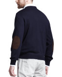 Fine-Gauge Knit Elbow-Patch Sweater, Navy