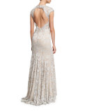 Cap-Sleeve Plunging V-Neck Embellished Lace Gown