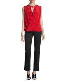 Topstitched Slim-Leg Pants, Black
