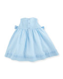 Sleeveless Floral-Trim Smocked Dress w/ Bows, Blue, Size 12-24 Months