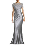 Short-Sleeve Sequined & Metallic Column Gown 