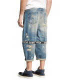Destroyed Ticker Feed Cropped Jeans, Blue
