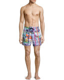 Moorea Animal-Print Swim Trunks, Blue