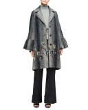 Flared-Cuff Floral-Embroidered Coat, Brown