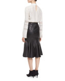 Flared Leather Godet Midi Skirt, Black