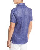 Over-Dyed Linen Short-Sleeve Sport Shirt, Navy