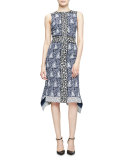 Cassandra Sleeveless Mixed-Print Dress, Navy