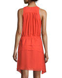 Sleeveless Tiered Silk Dress, Orange