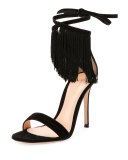 Fringe Suede Ankle-Wrap Sandal, Black