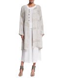 Round-Neck Long Coat with Pleated Panels, Hessian
