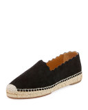 Scalloped Suede Espadrille Flat, Black