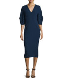 Half-Sleeve V-Neck Midi Dress, Navy
