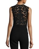 Crepe Sleeveless Lace-Back Jumpsuit, Black
