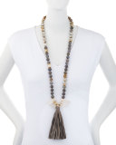 Long Beaded Gray Druzy & Agate Necklace w/Leather Tassel