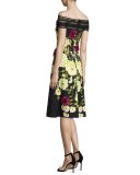Off-the-Shoulder Lace-Trim Floral Dress, Black/Yellow