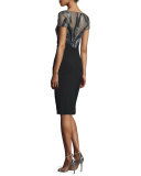 Short-Sleeve Illusion-Bodice Cocktail Dress