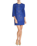 3/4-Sleeve Embroidered Shift Dress, Midnight Rush