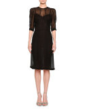 Half-Sleeve Shirred-Bodice Dress, Black