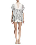 Flutter-Sleeve Embroidered Blouse, Daisy Print