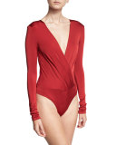 Lala Satin Long-Sleeve Surplice Bodysuit