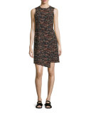 Sleeveless Tweed Dress w/ Asymmetric Hem, Multi