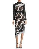 Mixed-Lace Asymmetric Midi Dress, Black
