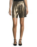 Paxton Single-Pleat Lamé Shorts, Gold