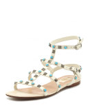 Rockstud Rolling Leather Flat Sandal, Light Ivory