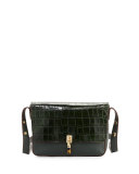 Cynnie Crocodile-Embossed Shoulder Bag, Bottle Green