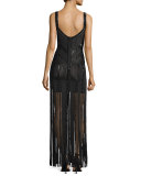 Sleeveless Fringe Embellished Bandage Gown, Black