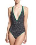 V-Neck Cross-Back One-Piece Swimsuit, Black/Green