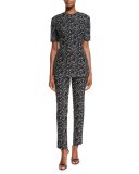 Caroline Jacquard Straight-Leg Pants, Black/Ivory
