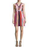 Printed Striped V-Neck Satin Dress, Red Multi