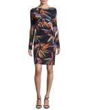 Long-Sleeve Boat-Neck Sheath Dress, Black/Multi Print