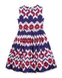 Pleated Cotton Ikat Party Dress, Blue, Size 2-14