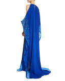 Crystal-Trim Cold-Shoulder Silk Caftan, Electric