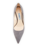 Suede Comma-Heel Pointed-Toe Pump, Nebbia