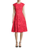 Cap-Sleeve Lace A-Line Dress, Coral