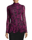 Lace-Print Ruffled Peplum Top, Fuchsia