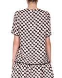 Silk Jacquard Scalloped Check Top, White