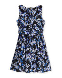 sleeveless floral crepe dress, blue/black, size 7-14