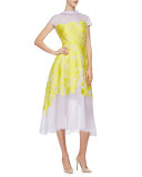 Cap-Sleeve Floral-Print Midi Dress, Citrine/Lilac